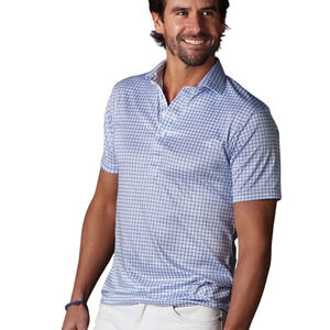 COLLARS & CO Mens Semi Spread Button Collar Polo Blue Tattersall NWT Medium